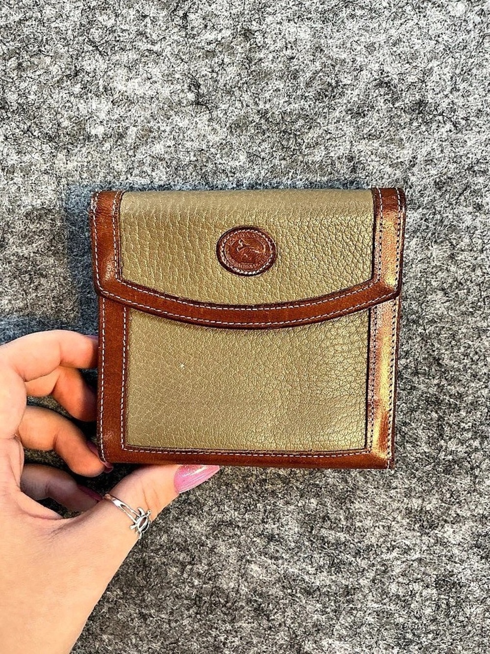Dooney & Bourke Vintage Brown & Gold Leather Trifold Wallet